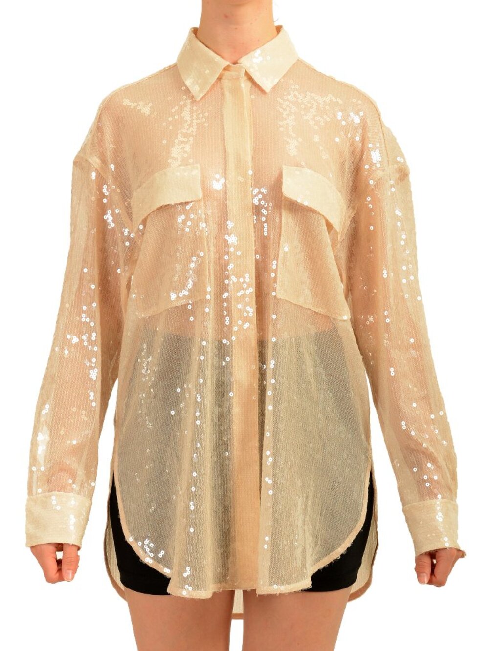 Hugo Boss Women's C_Ballets" Beige See Through Long Sleeve Blouse Top US 4 IT 40